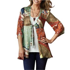 CAbi Patchwork Tunic Multicolor Kimono Jacket Tie Front Boho Paisley Blues #914
